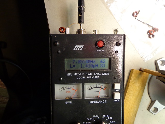 MFJ-259B antenna analyzer testing a 40 meter bandpass filter.
